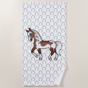 Brown Pinto Trotting Horse Cartoon Illustration Beach Towel
