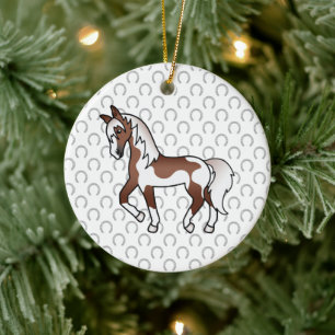 Brown Pinto Trotting Horse Cartoon Illustration Ceramic Ornament
