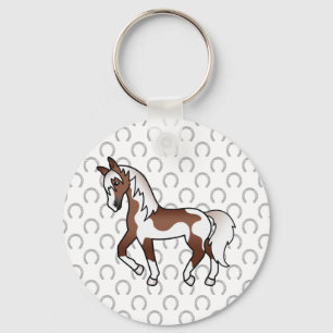 Brown Pinto Trotting Horse Cartoon Illustration Key Ring