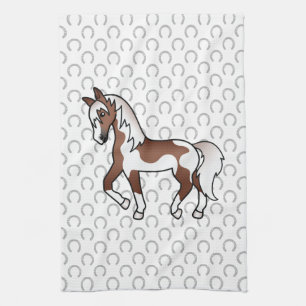 Brown Pinto Trotting Horse Cartoon Illustration Tea Towel