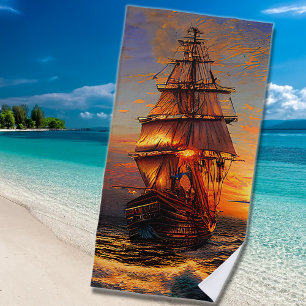 Brown Pirate Sailing Ship Blue Orange Sky Beach Towel