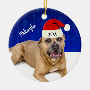 Brown Pit Bull with Santa Hat Christmas   Ceramic Ornament