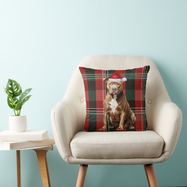 Brown Pitbull Dog Red Plaid Christmas Holiday Cushion (Chair)