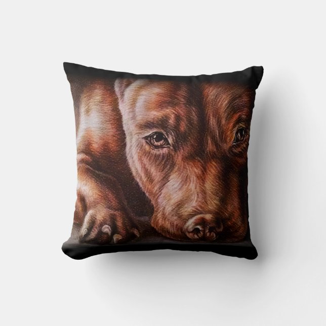 Brown pitbull face drawing of pet portrait dog cushion (Front)