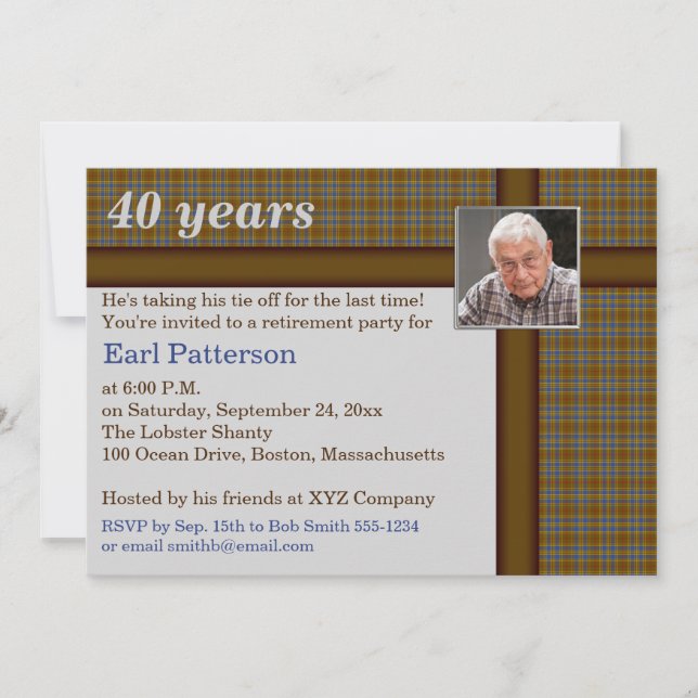 Brown Plaid, Blue and Silver Retirement Invitation (Front)