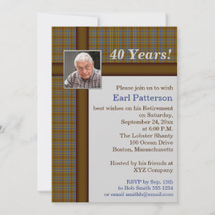 Brown Plaid, Blue and Silver Retirement Invitation