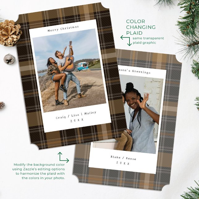 Brown Plaid Colour Changing Photo Christmas Card (Creator Uploaded)