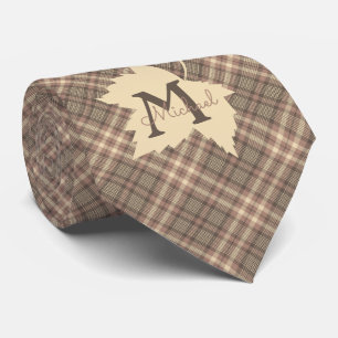 Brown plaid fall leaf silhouette monogram tie
