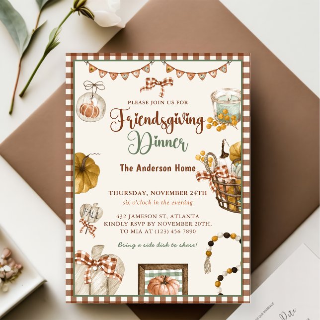 Brown Plaid Fall Pumpkin Friendsgiving Dinner Invitation (Creator Uploaded)