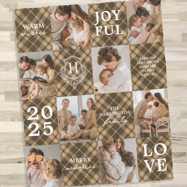 Brown Plaid Family Monogram 8 Photo Christmas Fleece Blanket (Creator Uploaded)
