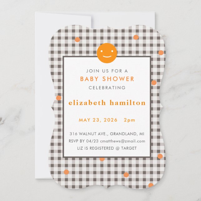 Brown Plaid & Orange Dots Baby Shower Invitation (Front)