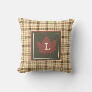 Brown Plaid Pattern Fall Maple Leaf Monogram Cushion