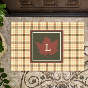 Brown Plaid Pattern Fall Maple Leaf Monogram Doormat