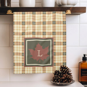 Brown Plaid Pattern Fall Maple Leaf Monogram Tea Towel