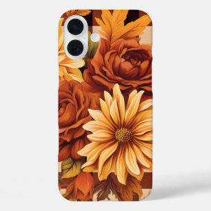 BROWN PLAID PATTERN WITH FALL ASTER FLOWERS iPhone 16 PLUS CASE