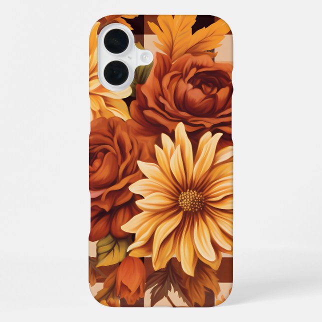 BROWN PLAID PATTERN WITH FALL ASTER FLOWERS iPhone CASE (Back)