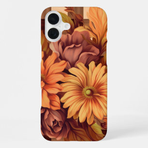 BROWN PLAID PATTERN WITH FALL ASTER FLOWERS iPhone 16 PLUS CASE