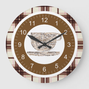 Brown Plaid Text Coffee Cup Large Clock