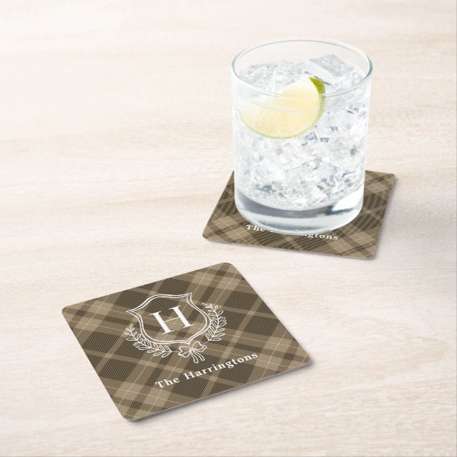 Brown Plaid Winter Monogram Crest Initial Square Paper Coaster (Insitu)
