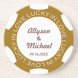 Brown poker chip lucky in love wedding anniversary coaster