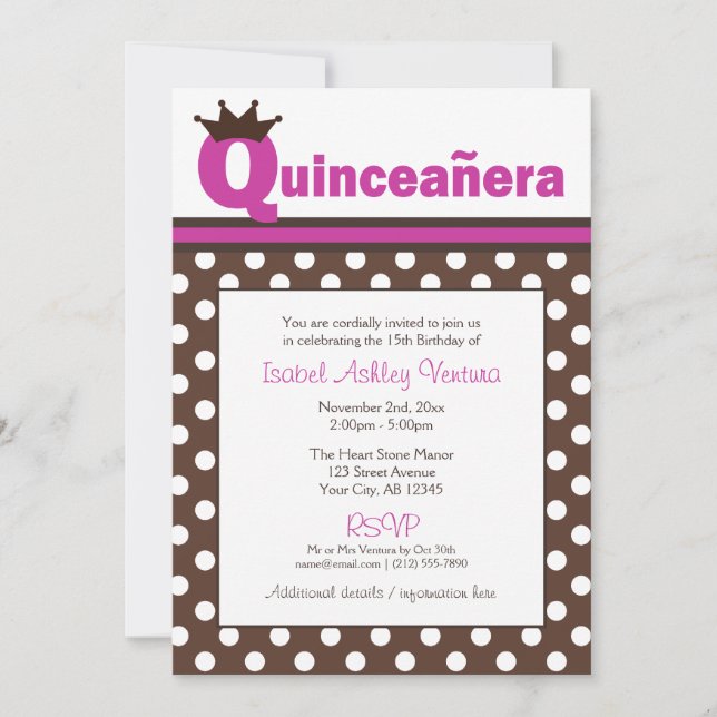 Brown Polka Dot & Fuchsia Quinceañera Invitations (Front)