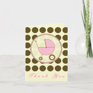 Brown Polka Dot / Pink Baby Carriage Thank You Card