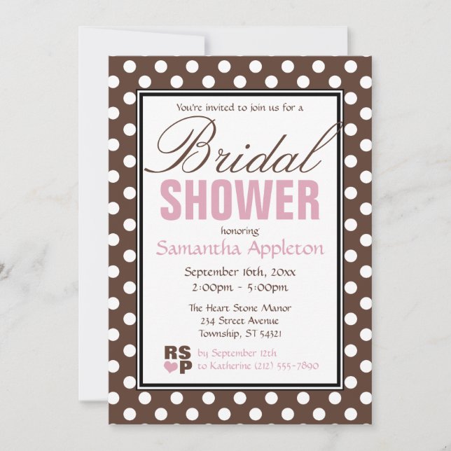 Brown Polka Dot Pink Bridal Shower Invitations (Front)