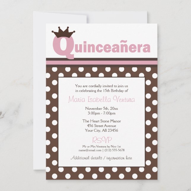 Brown Polka Dot & Pink Quinceañera Invitations (Front)