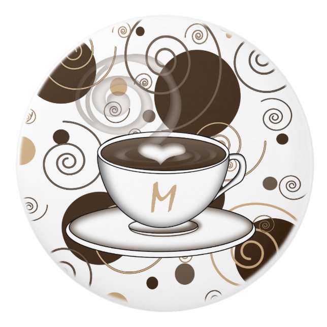 Brown Polka Dots and Swirls Coffee Pattern Ceramic Knob (Front)