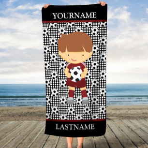 Brown Polka Dots Soccer Personalised Name Kids Beach Towel