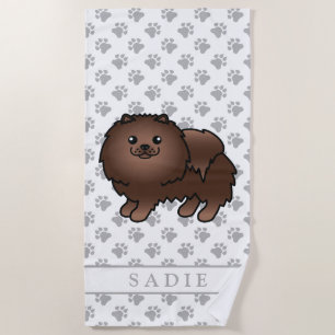 Brown Pomeranian Cute Cartoon Dog & Name Beach Towel