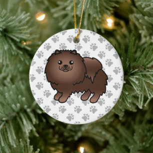 Brown Pomeranian Cute Cartoon Dog & Paws Ceramic Ornament