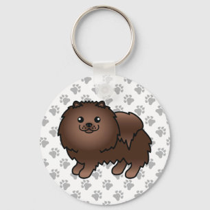 Brown Pomeranian Cute Cartoon Dog & Paws Key Ring