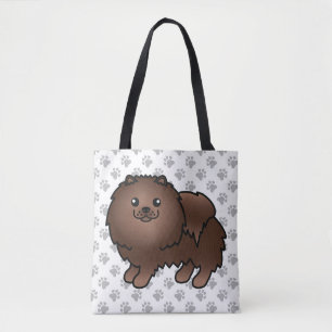 Brown Pomeranian Cute Cartoon Dog & Paws Tote Bag