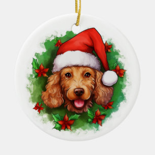 Brown Poodle Christmas Wreath Ceramic Ornament