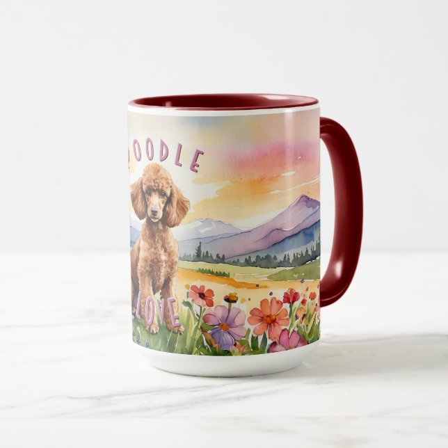 Brown Poodle Mug, Customisable Farm Sunrise Mug (Front Right)