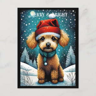 Brown Poodle Snowy Meadow Santa Puppy Holiday Postcard