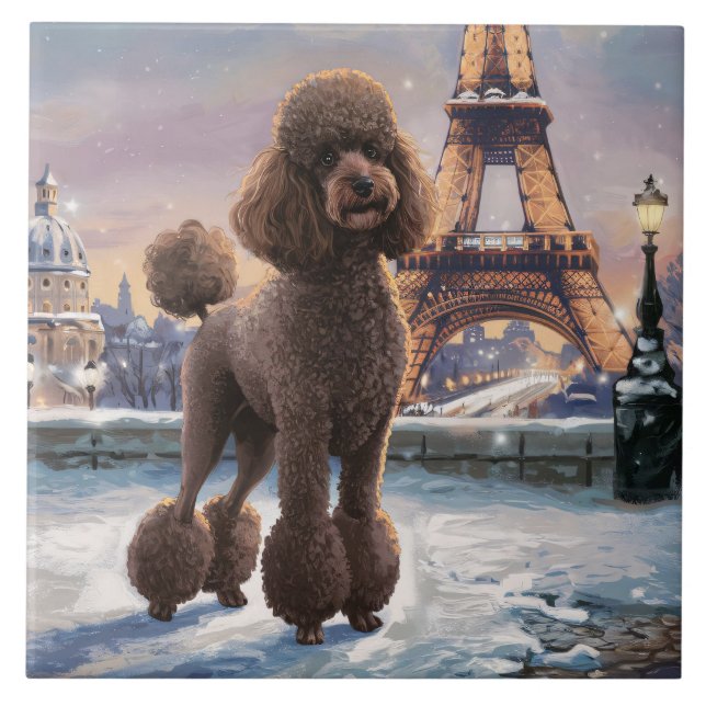 Brown Poodle Winter in Paris Painting Art Ceramic Tile (Front)
