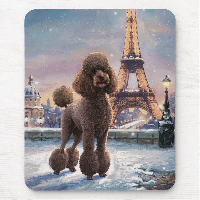 Brown Poodle Winter in Paris Painting Art Mouse Pad (Front)