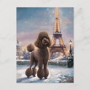 Brown Poodle Winter in Paris Painting Art Postcard