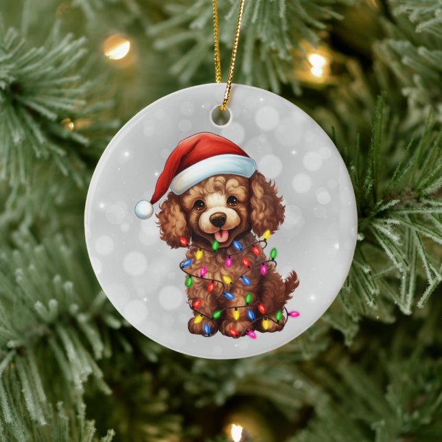 Brown Poodle Wrapped in Christmas Lights Ceramic Ornament (Tree)