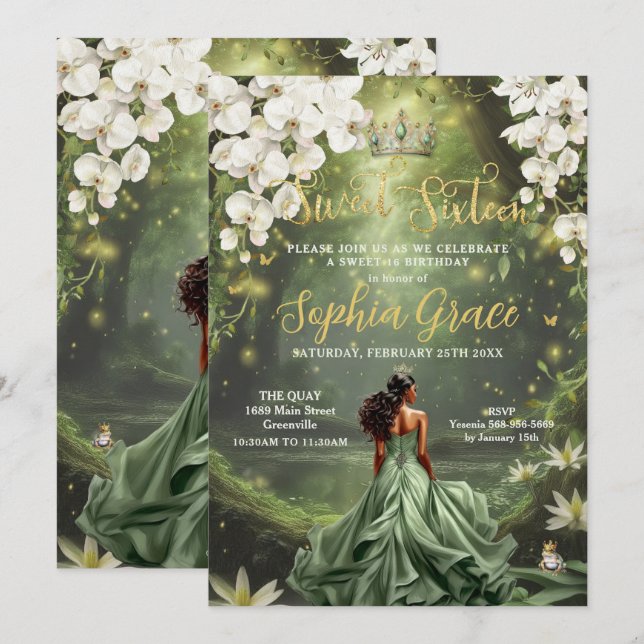 Brown Princess and Frog Sage Green Dress Sweet 16 Invitation (Front/Back)