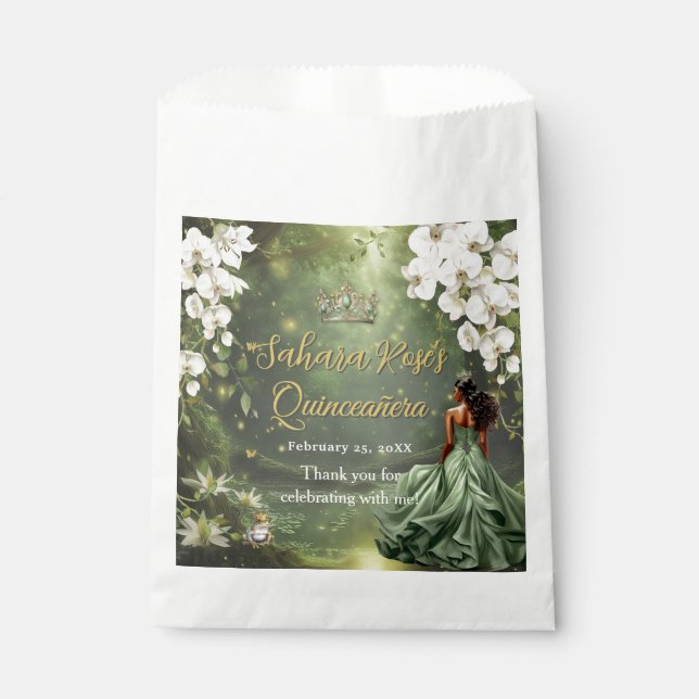 Brown Princess and Frog Sage Green Quinceanera 16 Favour Bag (Front)