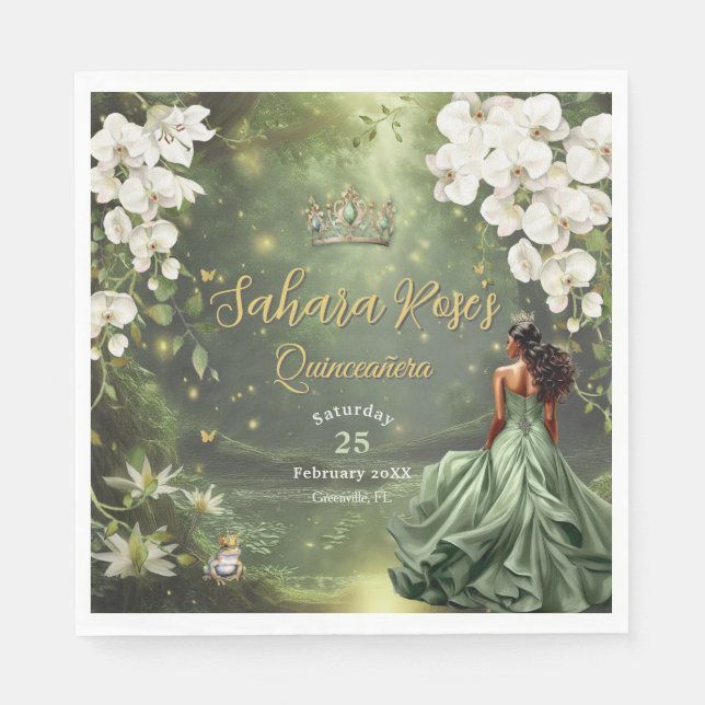 Brown Princess and Frog Sage Green Quinceanera 16 Napkin (Front)