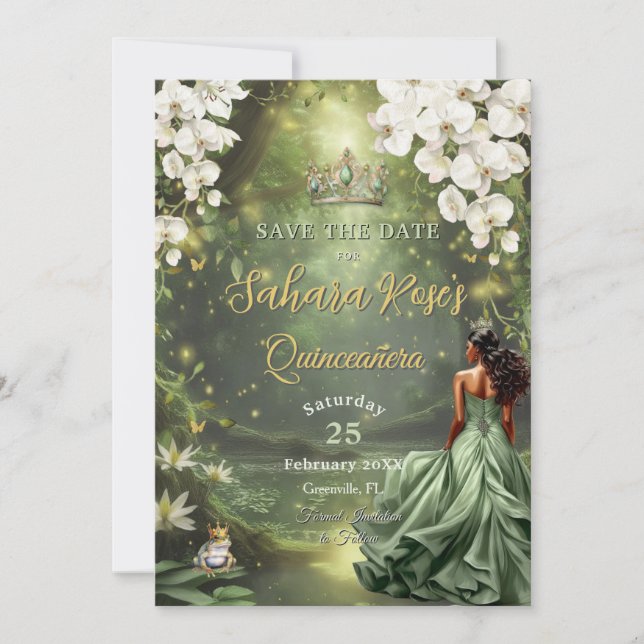 Brown Princess and Frog Sage Green Quinceanera 16 Save The Date (Front)