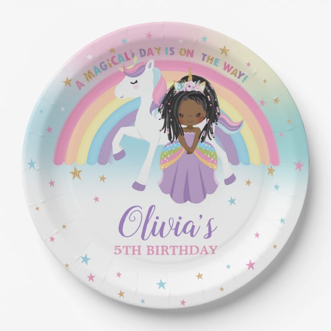 Brown Princess & Unicorn Birthday Party Rainbow  Paper Plate (Front)
