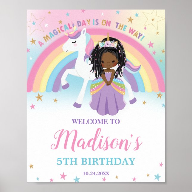 Brown Princess Unicorn Birthday Rainbow Welcome Poster (Front)