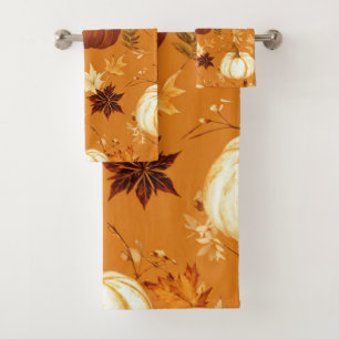 Brown Pumpkin Floral Autumn and Fall Pattern Bath Towel Set