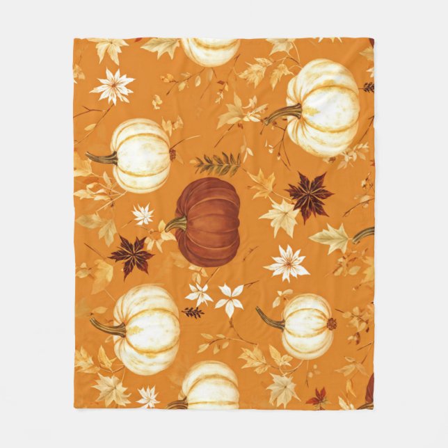 Brown Pumpkin Floral Autumn and Fall Pattern Fleece Blanket (Front)