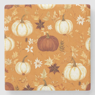 Brown Pumpkin Floral Autumn and Fall Pattern Stone Coaster